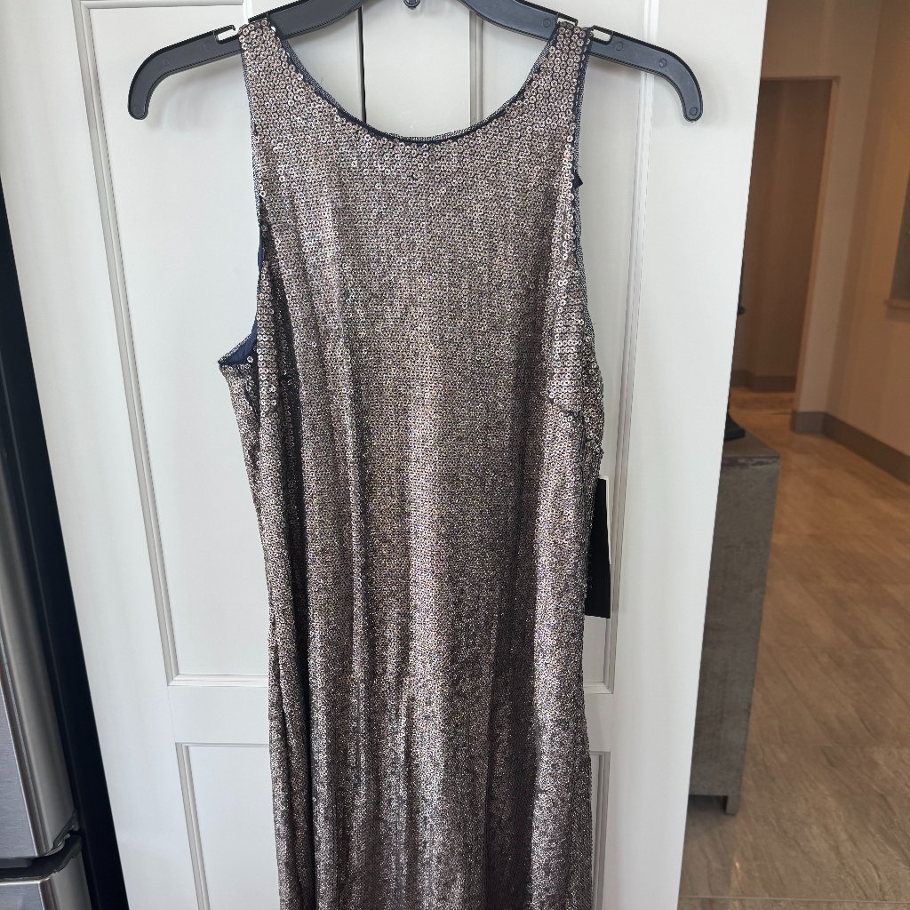 Aidan Mattox Gold Sequin Glitter Cocktail Dress With Navy Mesh Fabric Nwt Size 6